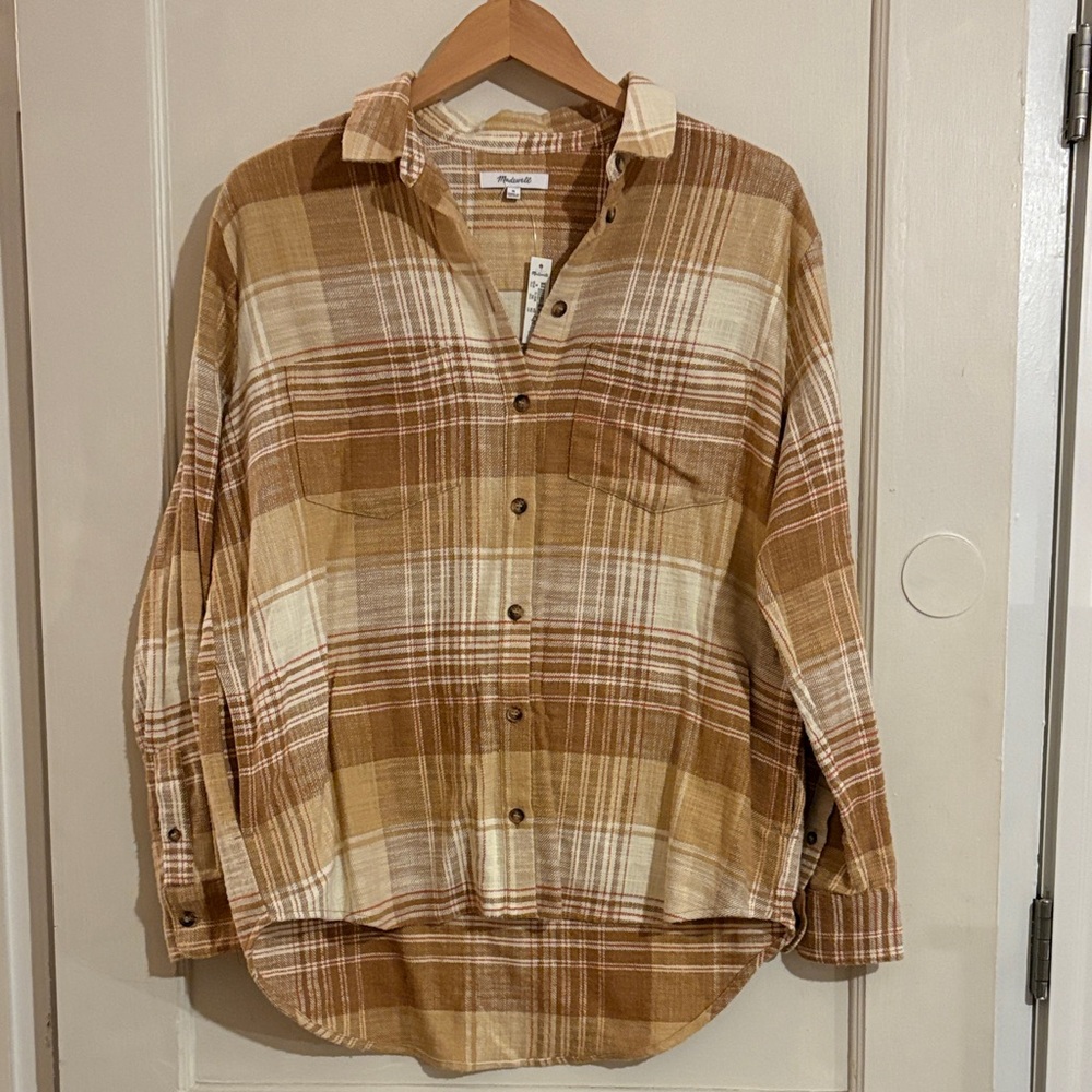 Madewell Tan and Cream Plaid Flannel Shirt